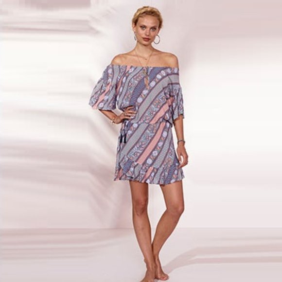 TIGERLILY Lagunas Lilac Mauve Print Off The Shoulder Mini Dress - Picture 11 of 16